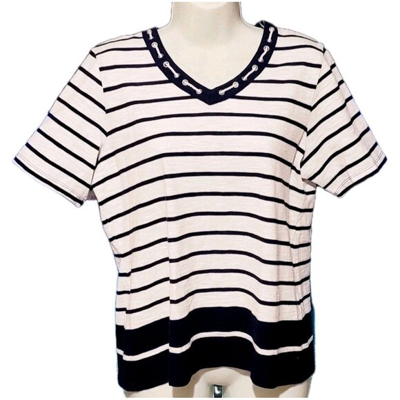 Vintage Allison Daley Women's Blouse Top Size M Petite blue white striped Design - Picture 9 of 9